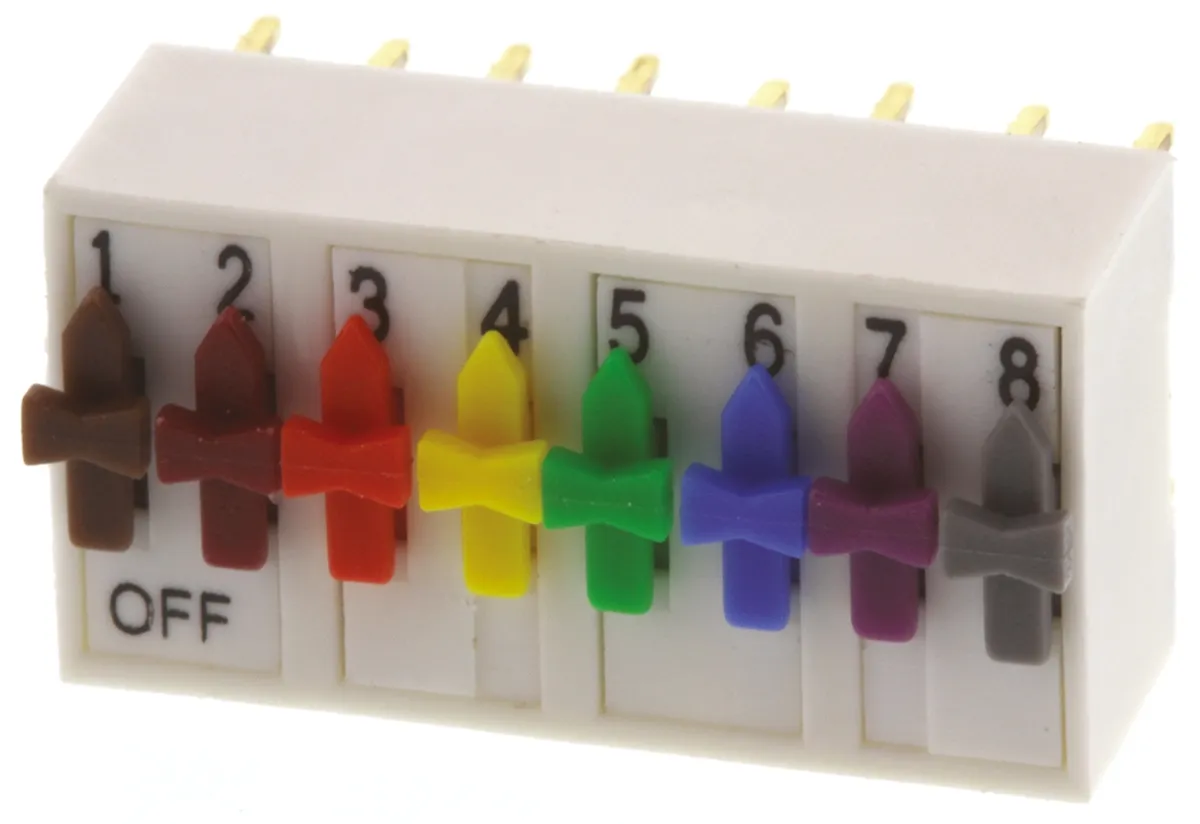 Interruttore DIP ED57657, SPST, 1 A a 100 V, 8 posizioni, attuatore a Interruttore di direzione, Foro passante