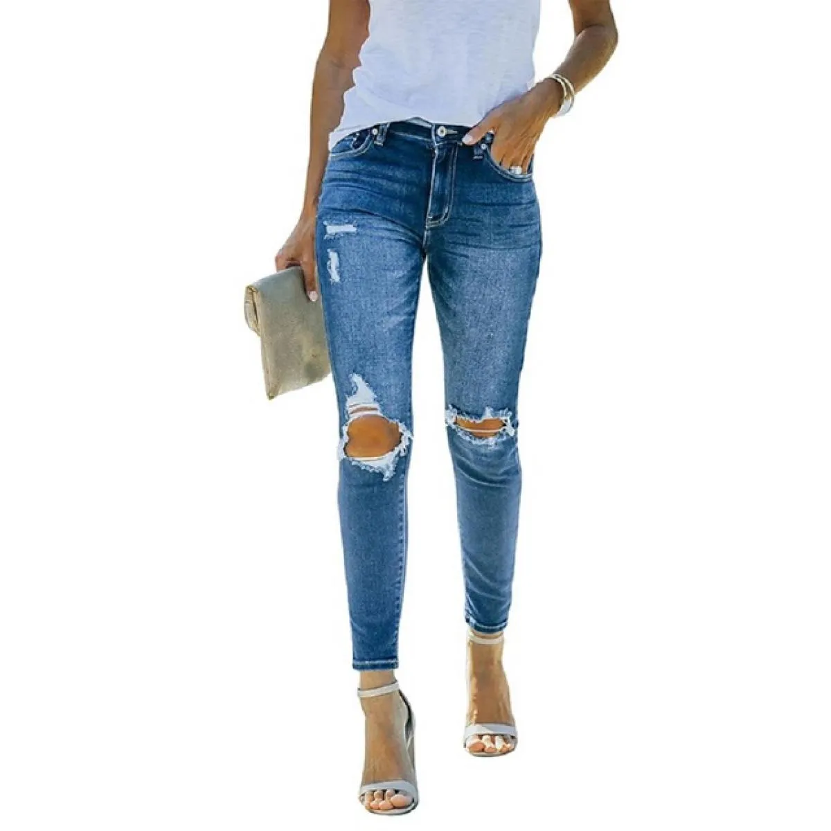 Jeans denim strappati da donna 2023 nuovi pantaloni a gamba dritta blu lavati Jeans skinny casual Pantaloni da strada da donna M